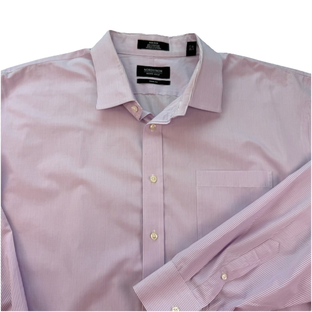 Nordstrom Men's Dress Shirt Size 18.5 34-35 Non Iron Purple Pinstriped Trim Fit